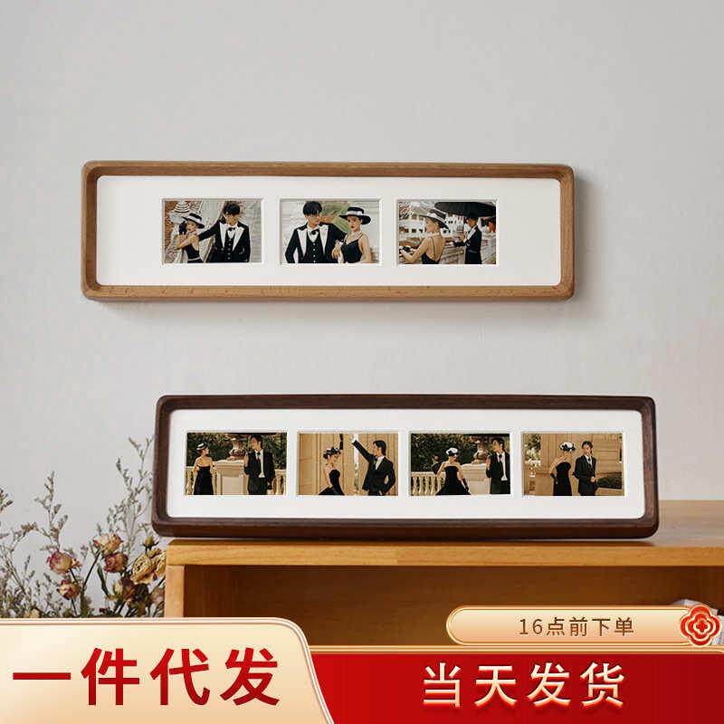 长条相框三联摆圆角台实木四联情侣婚纱组合创意桌面斜边多张榫卯