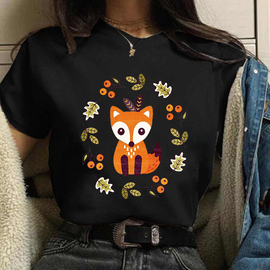 Cute Fox Flower可爱卡通狐狸花卉短袖打底衫女T恤半袖黑色上衣潮