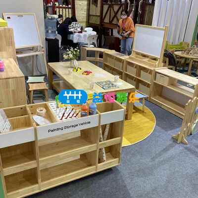 儿园美术实木可移动幼美工台儿童早教黑板画板收纳架区纸画收AJD