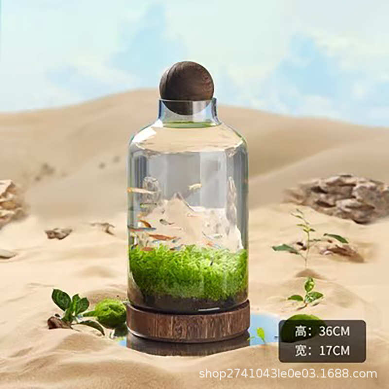 圆形木托批发玻璃透明瓶桌面创意生态微景观创意加厚鱼缸日式