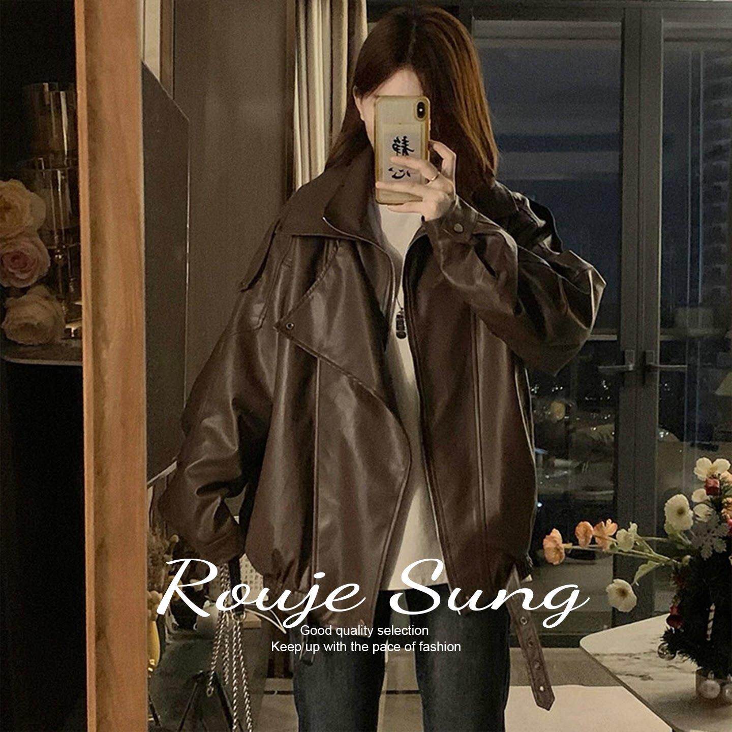 ROUJE SUNG美式复古棕色皮衣外套女春秋季宽松显瘦百搭PU皮夹克潮