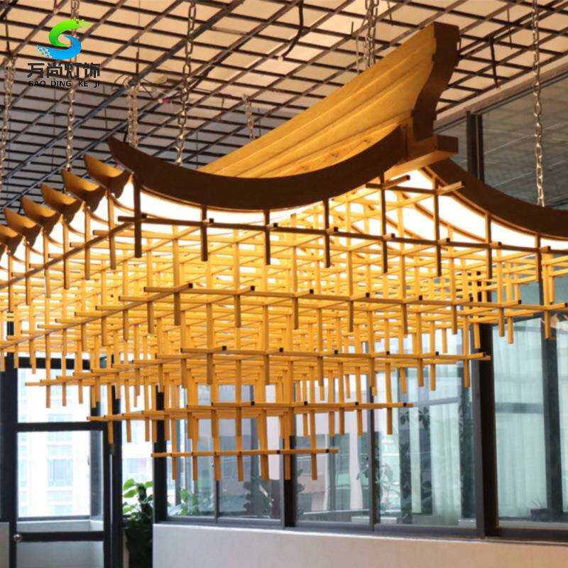 中式房子宫殿吊灯鸟巢式实木仿古建筑屋檐民宿餐厅酒店宴会厅吊灯