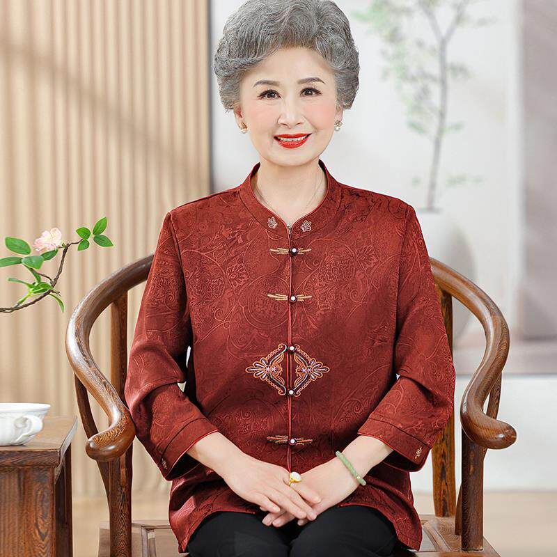 【桑蚕丝100%】中老年人奶奶夏装桑蚕丝衬衫女两件套真丝绣花上衣