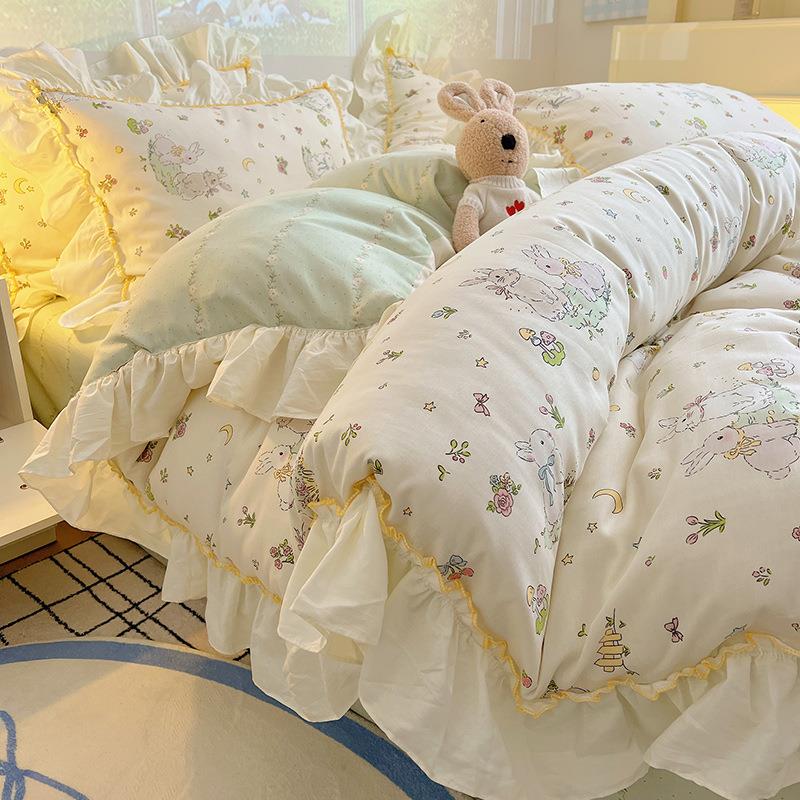 全棉印花韩版花边四件套1.2m床单款三件套纯棉床笠1.5公主风四季