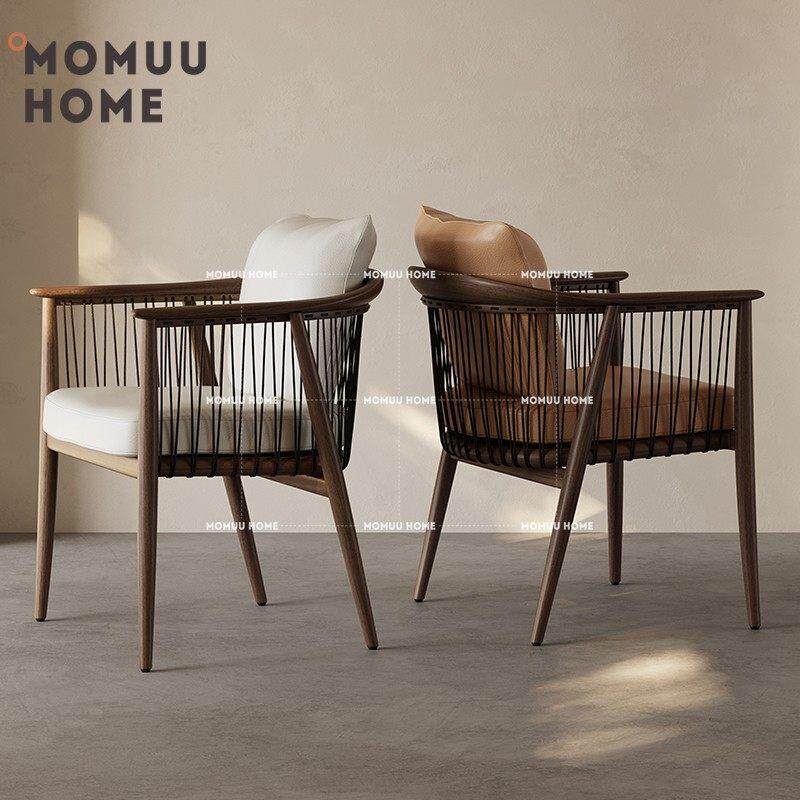 MOMUU HOME意式极简挂绳扶手椅中式家用实木餐椅简约书房书桌椅子