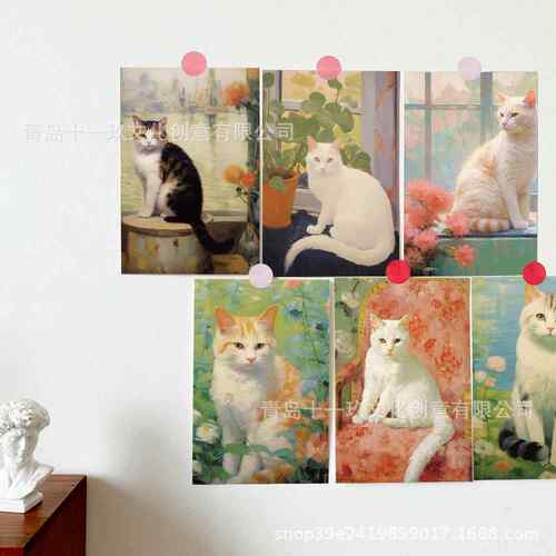 10张油画小猫卡片留言卡明信片室内卧室墙面装饰高级感墙贴