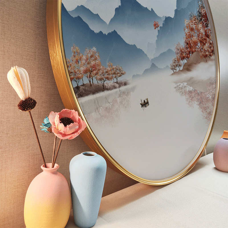 定制圆形装饰画玄关新中式客厅北欧餐厅美容院挂画半圆壁画手工图片