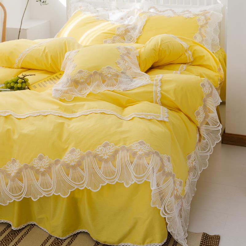 高档公风全棉裙款棉四件套纯i床ns蕾丝荷叶花边床罩式纯主色套件1