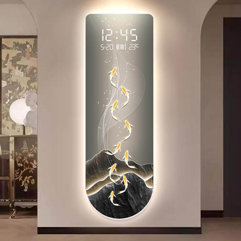 入户灯画LED走廊过道装饰画高级钟表挂钟客厅玄关九鱼图电子时钟