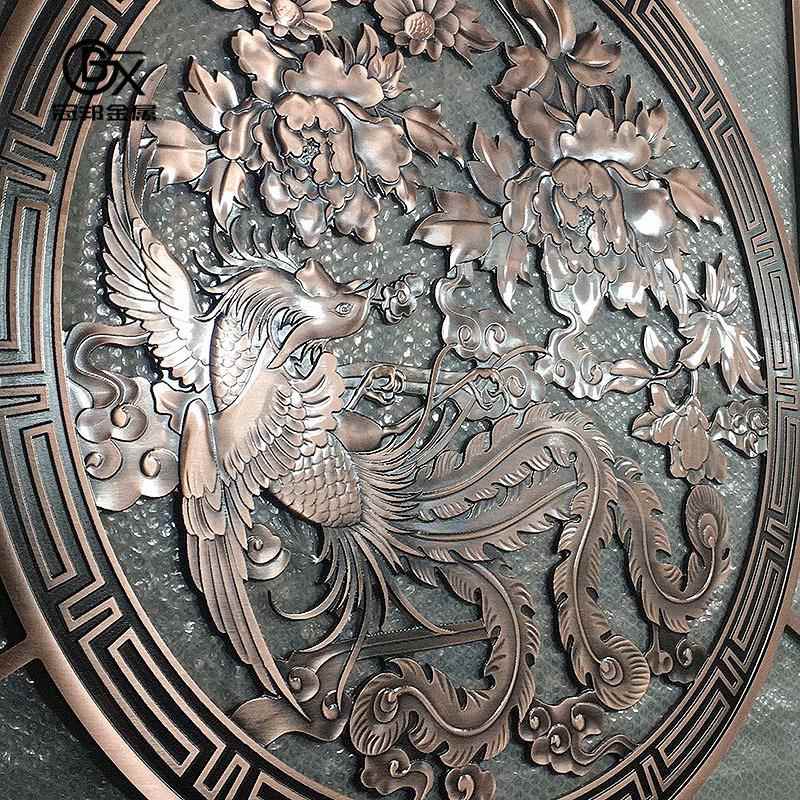 圆形铝雕浮雕壁画迎客松大型工艺品庭院玄关影壁墙仿铜雕刻制品