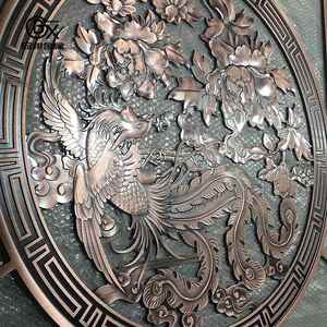 圆形铝雕浮雕壁画迎客松大型工艺品庭院玄关影壁墙仿铜雕刻制品