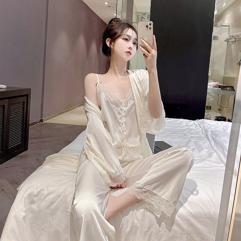 新款蕾丝吊带睡衣女性感纯欲高级感真丝家居服三件套睡袍春秋套装