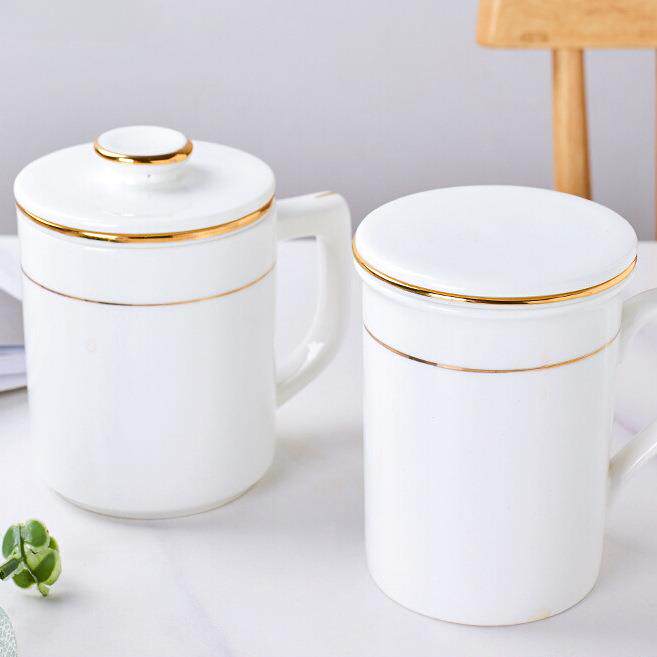 景德镇金边骨瓷带茶隔过滤茶漏杯茶水分离便携陶瓷办公室喝茶杯子