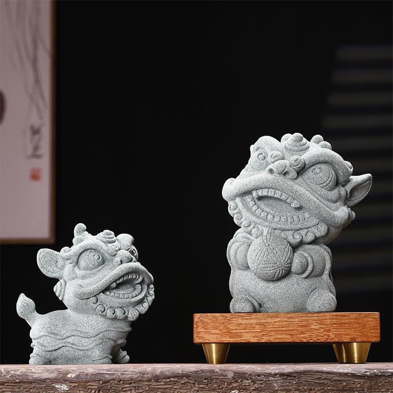创意青砂石可爱抱球醒狮动物摆件家居客厅水族造景桌面茶宠装饰品
