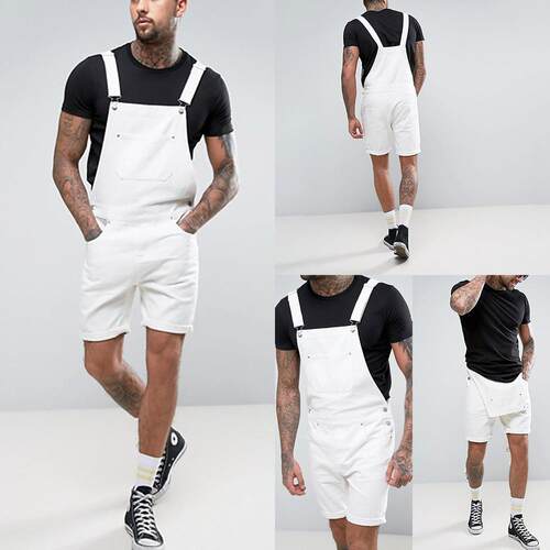 Men's denim white looped shorts jumpsuit overalls