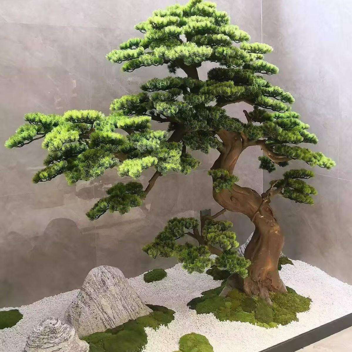 仿真迎客松树假树根抱石松罗汉松雕刻木雕酒店橱窗玄关造景装饰