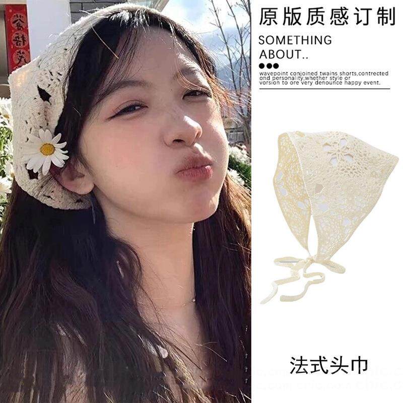 法式复古针织辣妹三角巾头饰出游甜美可爱钩花文艺风头巾女发带潮