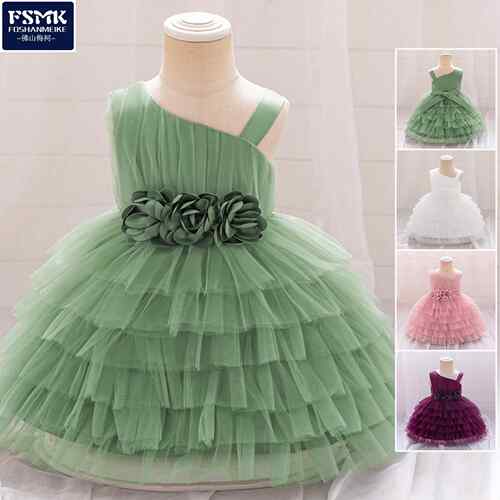 girls plain floral appliques tiered layer mesh dress