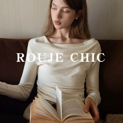 法国rouje chic法式气质杏色斜肩修身T恤女春季荡领收腰长袖上衣