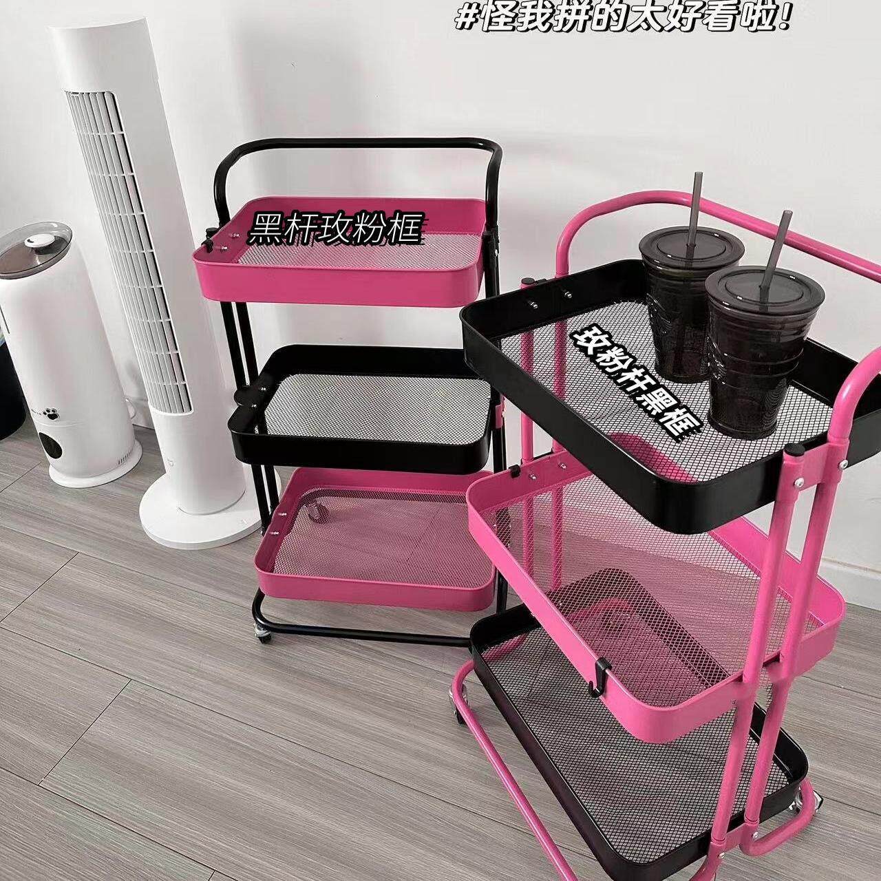 黑红色DIY小推车置物架三层落地带轮可移动婴儿用品厨房收纳架子