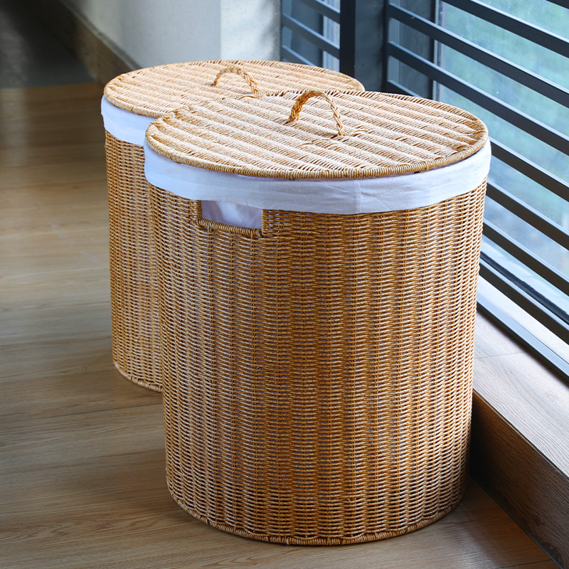 TD61脏衣篮塑料藤编织大容量收纳筐有盖圆筒形脏衣篓含布洗衣篮特