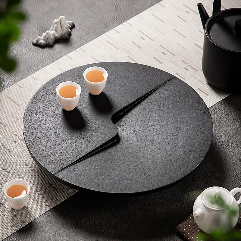小型乌金石茶盘圆形储水式茶海家用轻奢现代干泡台天然茶盘简约