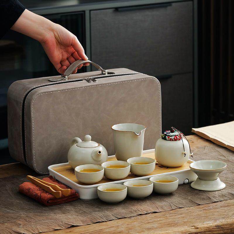 米黄汝窑功夫旅行茶具套装家用户外便携包陶瓷泡茶壶整套