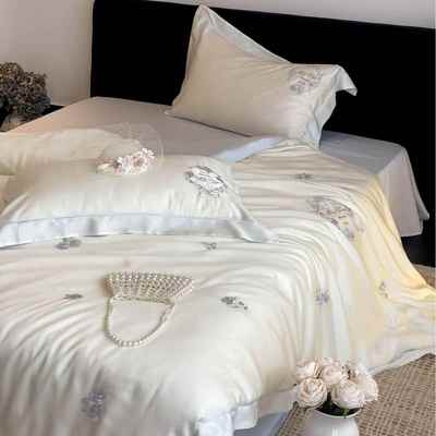 A类小清新夏季兰精天丝四件套浪漫花卉刺绣丝滑凉爽被套1.8m床品