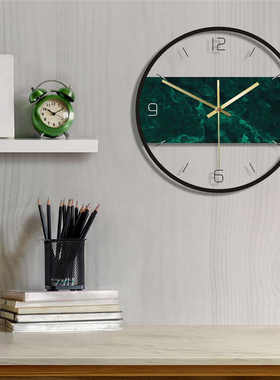 LED灯透明亚克力挂钟深绿色大理石纹理印花彩色时钟装饰墙钟