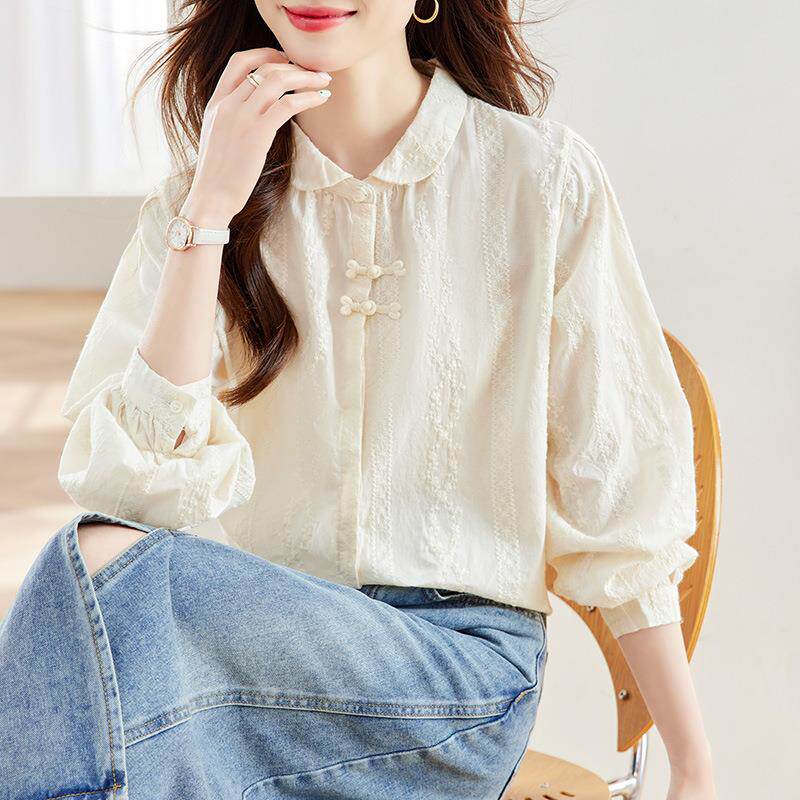 棉茧杏色绣花衬衫女长袖高级感上衣2026春秋中式国风纯棉盘扣衬衣