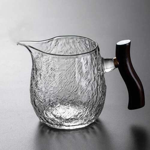 日式加厚锤纹玻璃公道杯高档分茶器带手柄木把茶海单个大容量茶具