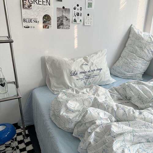 极简轻法式猫咪素描线条画纯棉四件套小众混搭少女被套床上用品
