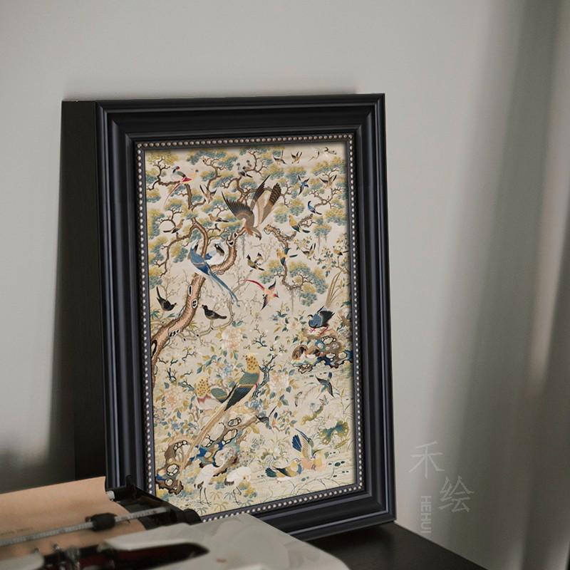 禾绘 法式复古客厅装饰画玄关中古风壁画新中式花鸟刺绣餐厅挂画图片