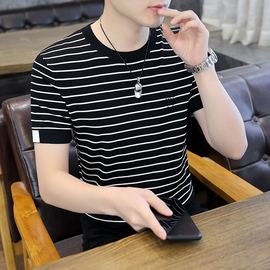 黑白横条纹针织t恤男夏季修身刺绣冰丝圆领上衣凉感短袖体恤衫薄T