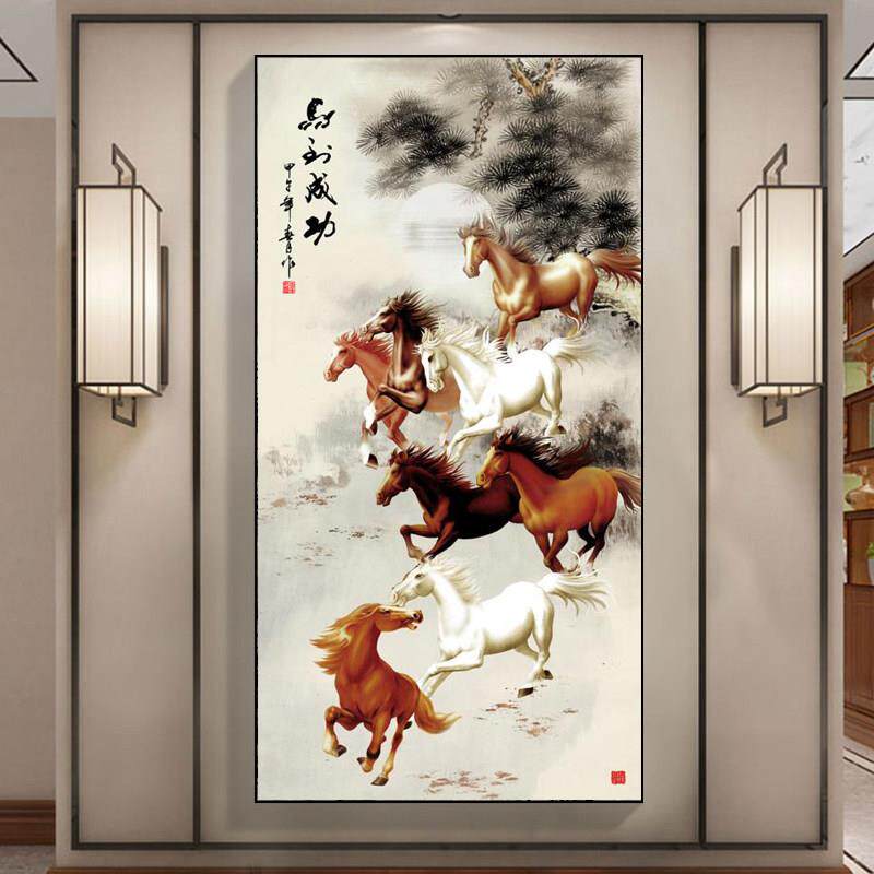 马到成功竖版客厅字画新中式走廊进门玄关挂画办公室装饰画八骏图