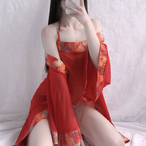 古风汉服情趣肚兜大红浴袍性感内衣睡裙透明大码薄纱透明纯欲诱惑