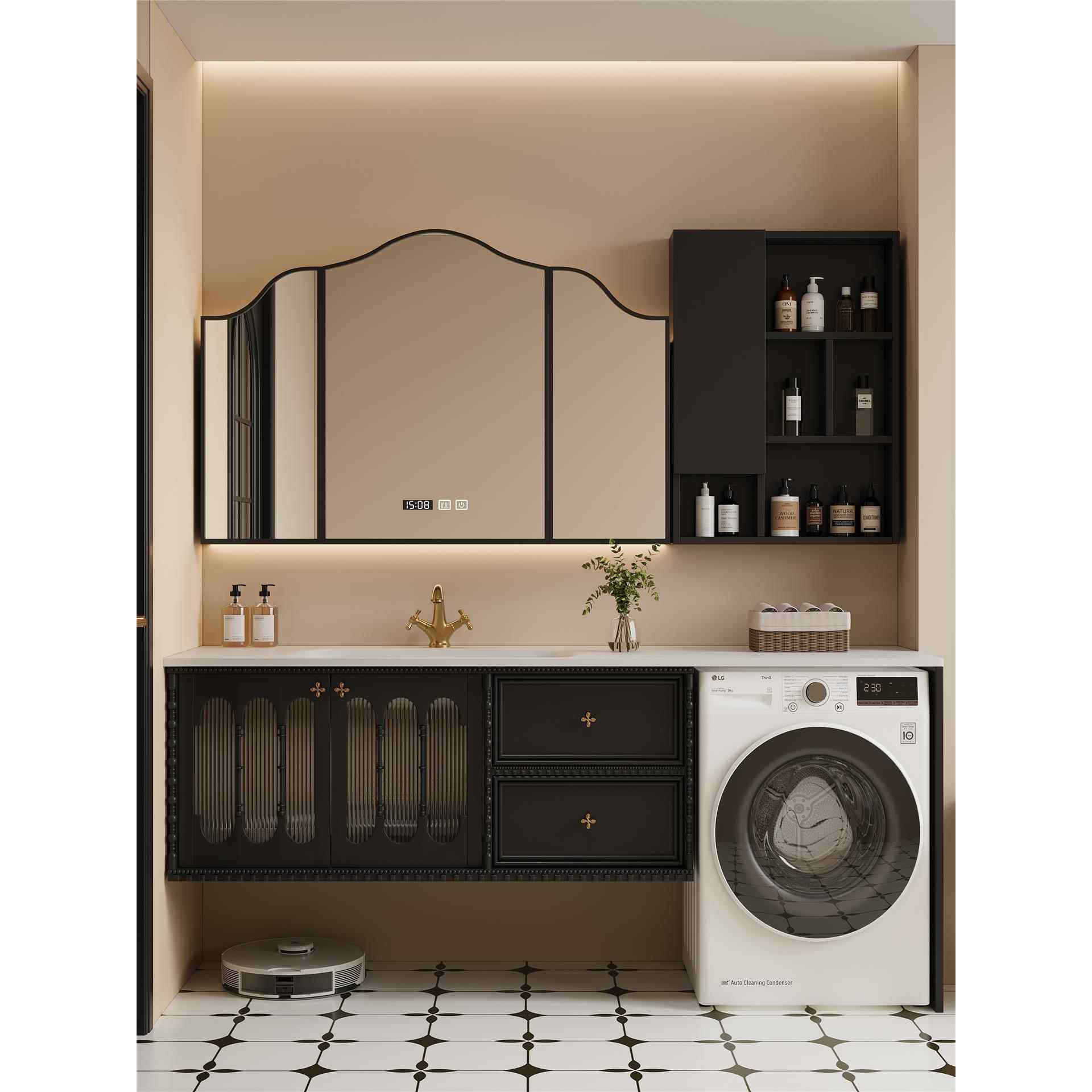 法式覆古浴室柜组合橡木岩板热弯一体盆卫生间洗漱台洗手盆落地柜