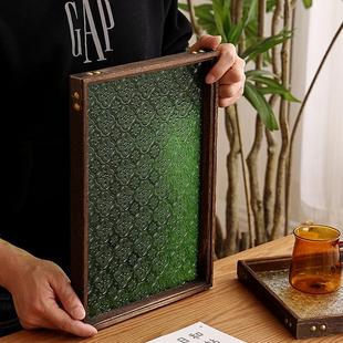 5ZW批发复古海棠花玻璃木托盘家用长方形茶盘桌面水杯收纳盘胡桃