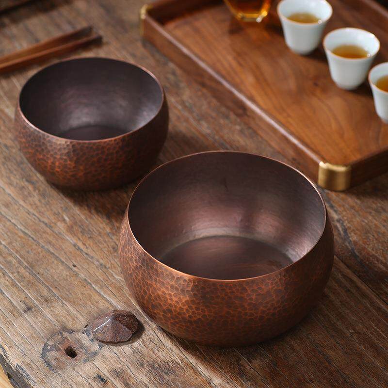 纯铜茶洗手工锤目纹紫铜茶洗建水 大号加厚水盂水洗笔洗茶道配件