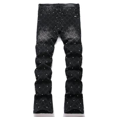 Men Straight Flared Jeans 男士黑色格子钉珠直筒修身喇叭牛仔裤