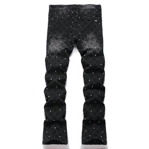 Men Straight Flared Jeans 男士黑色格子钉珠直筒修身喇叭牛仔裤