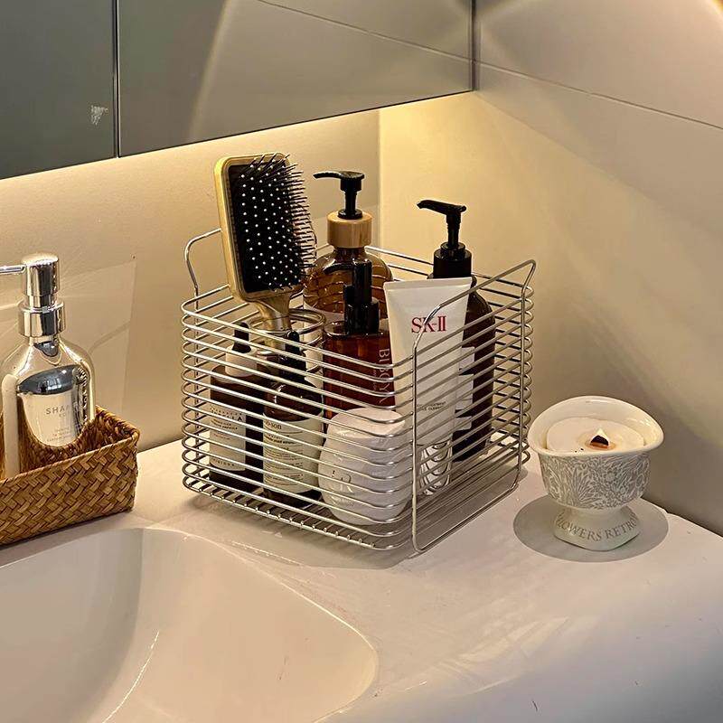 化妆品收纳筐洗漱台护肤品不锈钢收纳篮浴室铁艺卫生间篮子置物架