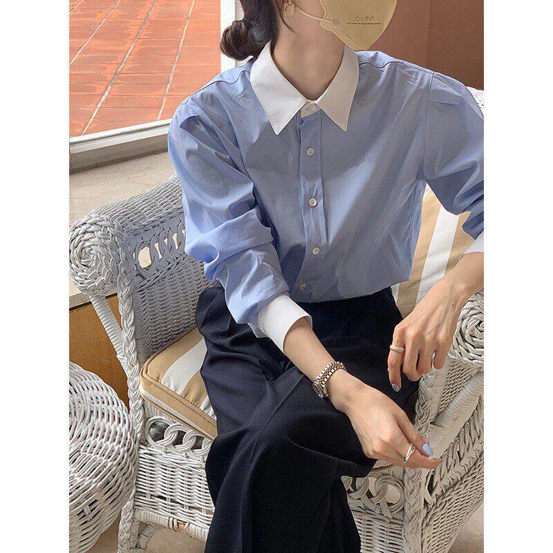 NextMary法式蓝色长袖衬衫女春夏季简约气质休闲衬衣显瘦打底上衣