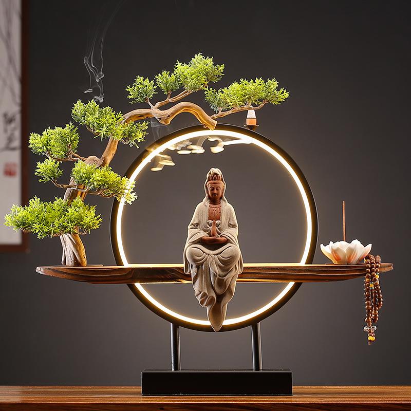 新中式灯饰迎客松倒流香观音菩萨佛像摆件创意家用室内大号香薰炉