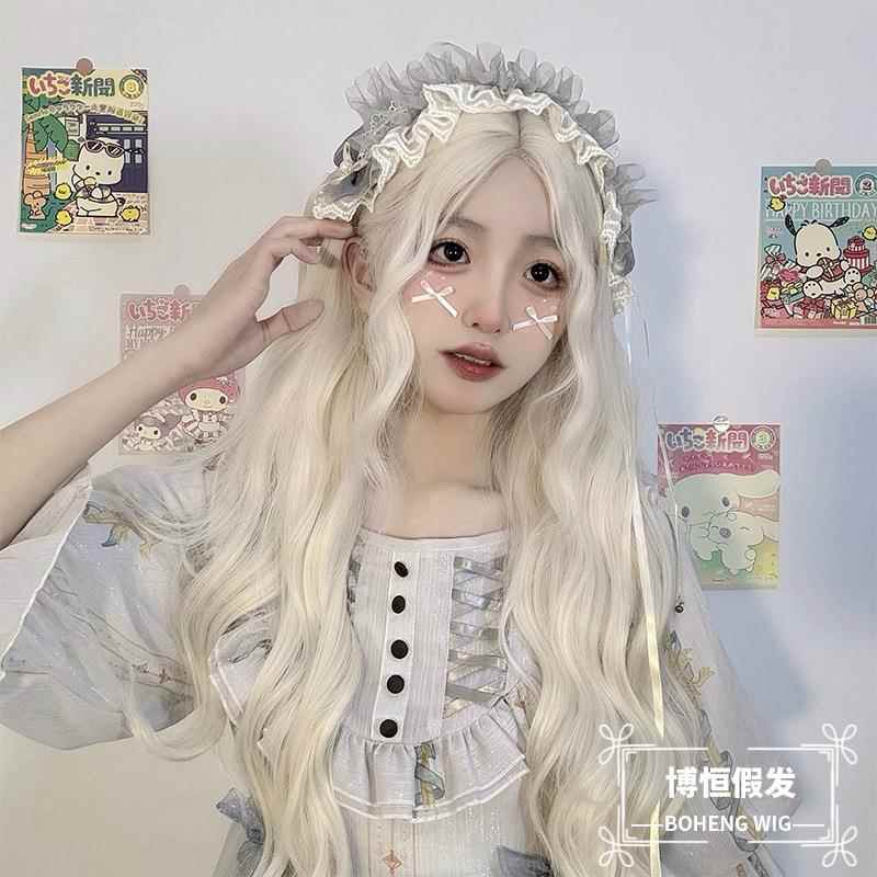 新款直销假发女前额小蕾丝奶油白金中分长卷发高温丝女全头套渐变