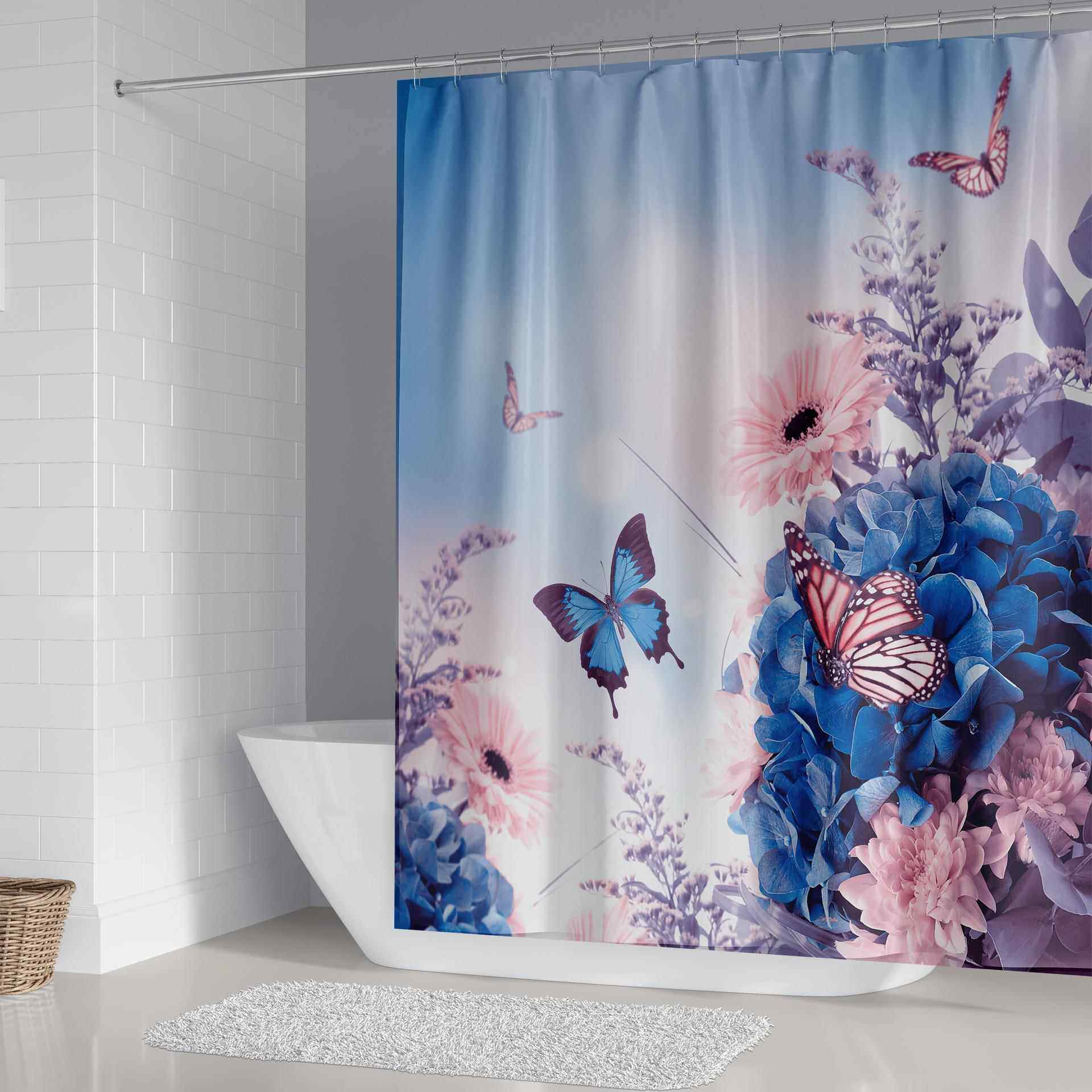 工厂亚马逊家居浴室装饰蓝色蝴蝶印花防水浴帘浴室淋浴隔断帘