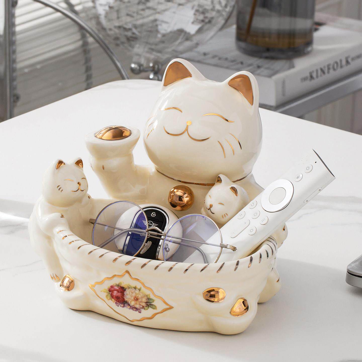 欧式陶瓷入户玄关钥匙收纳托盘创意招财猫装饰品摆件结婚乔迁礼物