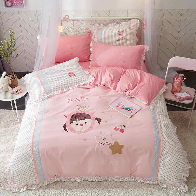 高档儿公童卡通全棉床单被套1女孩纯棉四件套粉色小主风.5m床笠三