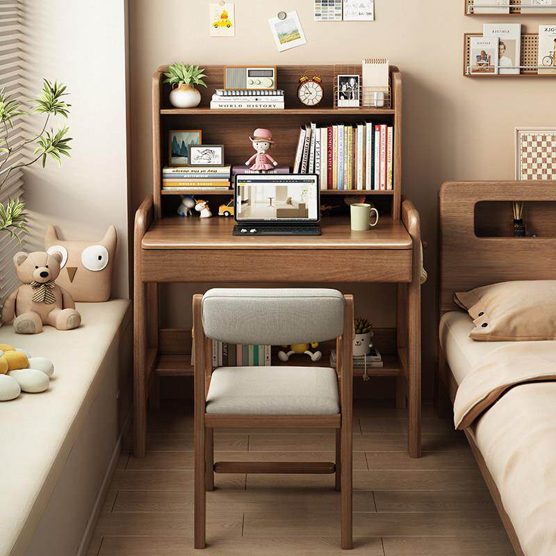 实木书桌学生家用儿童学习桌书架一体小户型卧室床头可升降电脑桌
