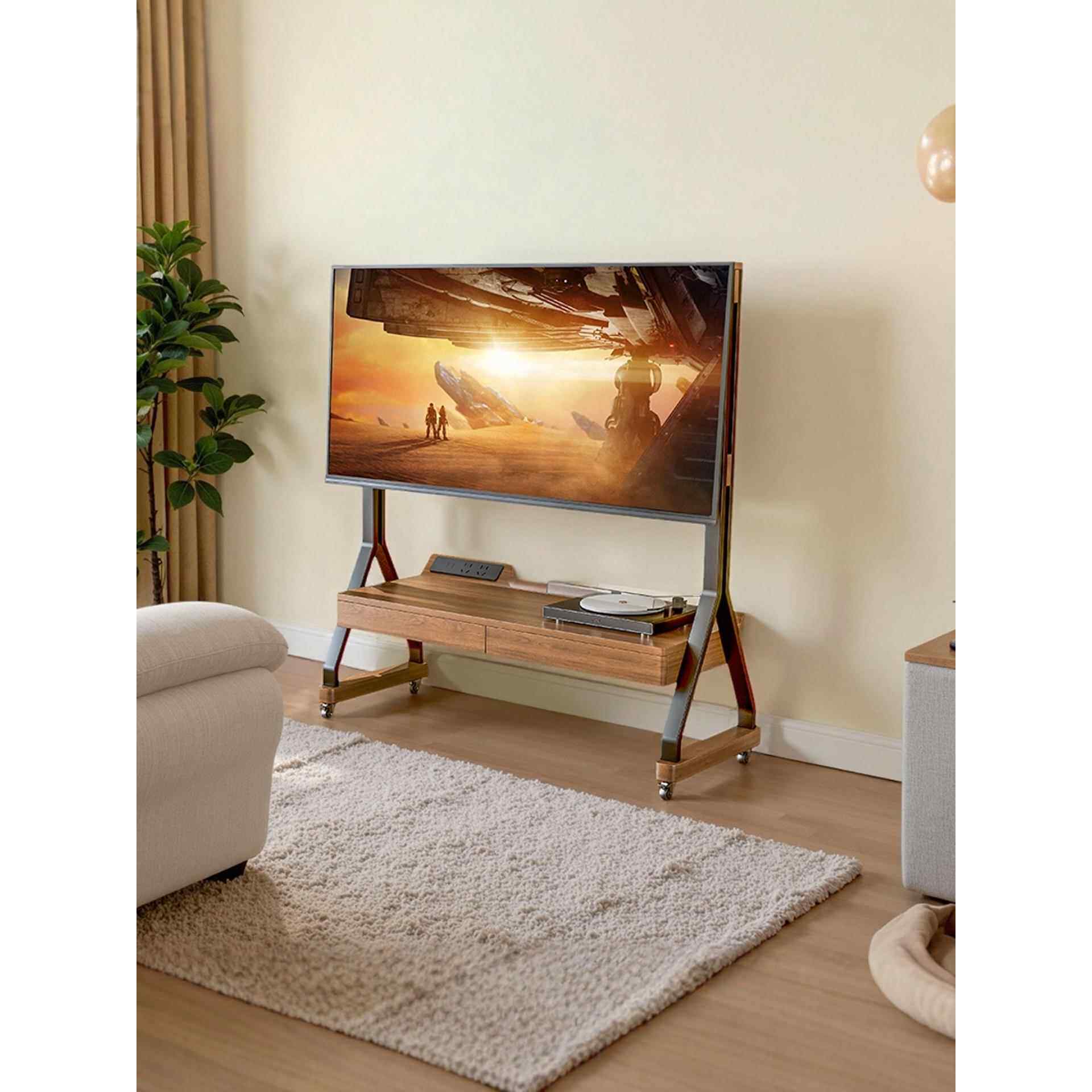 实木可移动电视架2025新电视柜中世纪风格的站立式电视推车与车轮